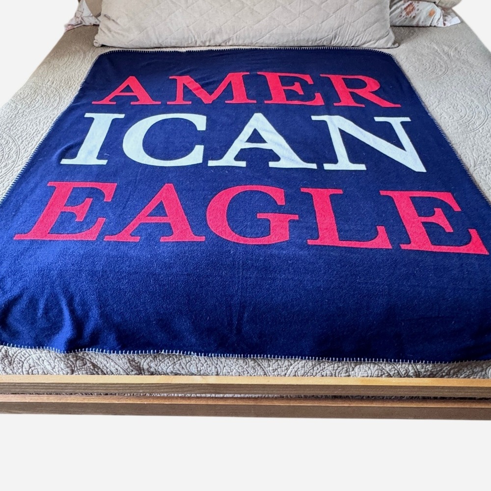 American Eagle Outfitters Blue Red White Logo Fleece Throw Blanket Spellout 2016